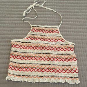 American Eagle Women's Cropped Smocked Festival Embroidered Halter Tied Top
